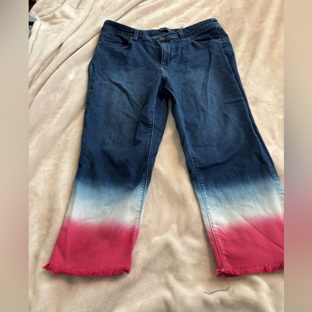 Susan Graver Stretch Denim Jean with Dip Dye Detail Bleached/Red - 14P Crop